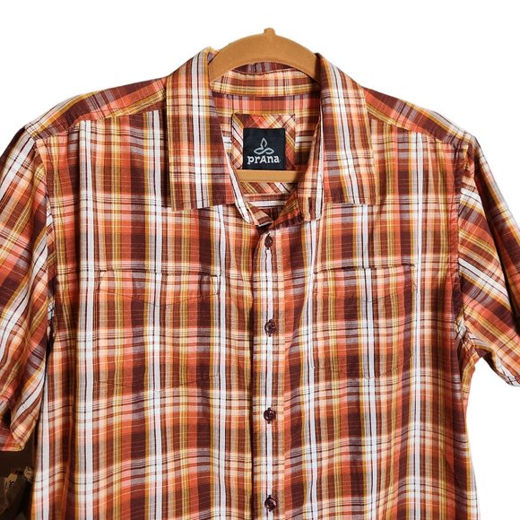 Prana Plaid Short Sleeve Button Down Shirt Organic Cotton Orange Large - Picture 2 of 9